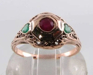 9CT 9K ROSE GOLD RUBY EMERALD HEART SHOULDERS  ART DECO INS RING FREE RESIZE - Picture 1 of 5