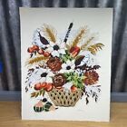 Completed Large Crewel Embroidery Autumn Bouquet Fall Flowers Unframed 16”x20”