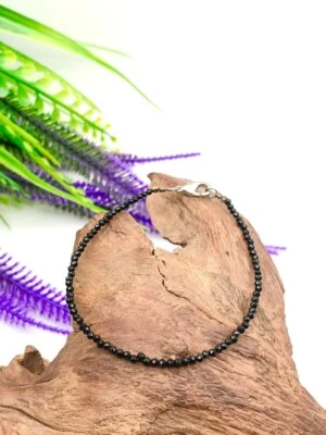 AAA++ Pulsera de cuentas de piedras preciosas redondas facetadas de espinela negra natural de 2 mm 6-8" Foto 1 de 4