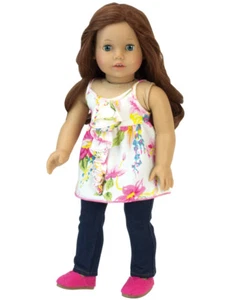Elfenbein Blumen Rüschen Bluse & Denim Jeggings 2-teiliges Set passt 18" Am. Mädchen Puppen - Bild 1 von 1