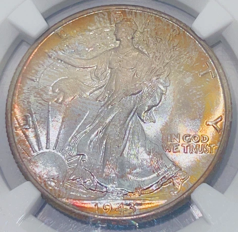1943 50C NGC MS65 Walking Liberty Silver Half Dollar PQ Rainbow Toning 070013 Cover