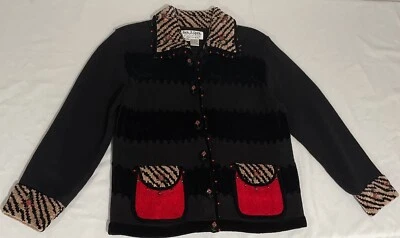 Cardigã vintage Jack B. Q. preto e vermelho com miçangas animal floral grannycore malha/chenille - Imagem 1 de 4