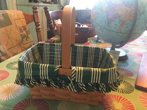 Longaberger CARRY Basket w/ Handle, GREEN & WHITE  Liner, Protector-11 X7 X6 " Cover