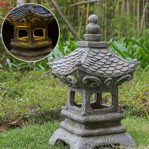 Asian Solar Zen Pagoda Garden Statue 14 Inch, Outdoor Japanese Lamp Lantern for - Picture 1 of 12