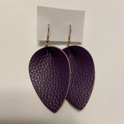 New Eggplant Purple Pebbled Leather Earrings Extremely Lightweight Gold Hooks - Image 1 of 3