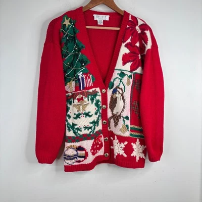VTG 90s Xmas Cardigan P Patchwork Ugly Christmas Sweater Granny Bird Poinsettia - Image 1 of 4
