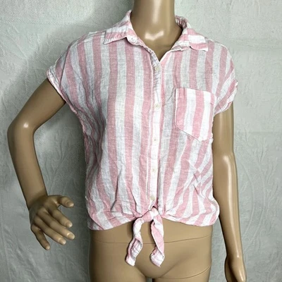 Old Navy Linen Striped Button Down Tie Top - Image 1 of 4