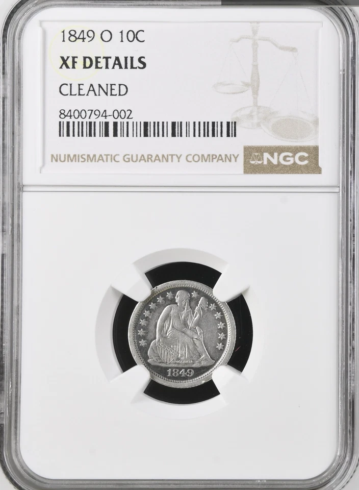 1849 O Seated Liberty 10¢ NGC XF Details Cleaned Box 29 Slot 32 - Image 1 of 2