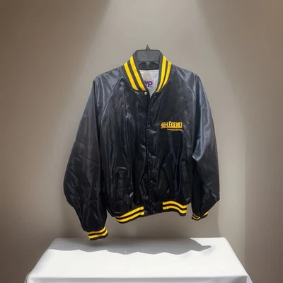 Vtg 80s NAPA The LEGEND Auto Parts Battery Satin Bomber Jacket Black Mechanic XL - Image 1 of 4