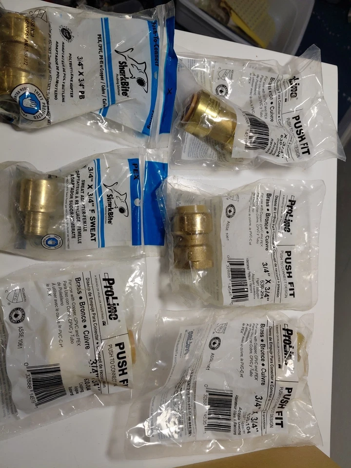 6) 3/4" Push Fit Brass Couplings – SharkBite & ProLine – New Sealed - Image 1 of 4