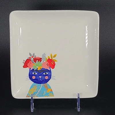 Plato de servir cuadrado de cerámica blanco magenta floral azul gato Foto 1 de 4