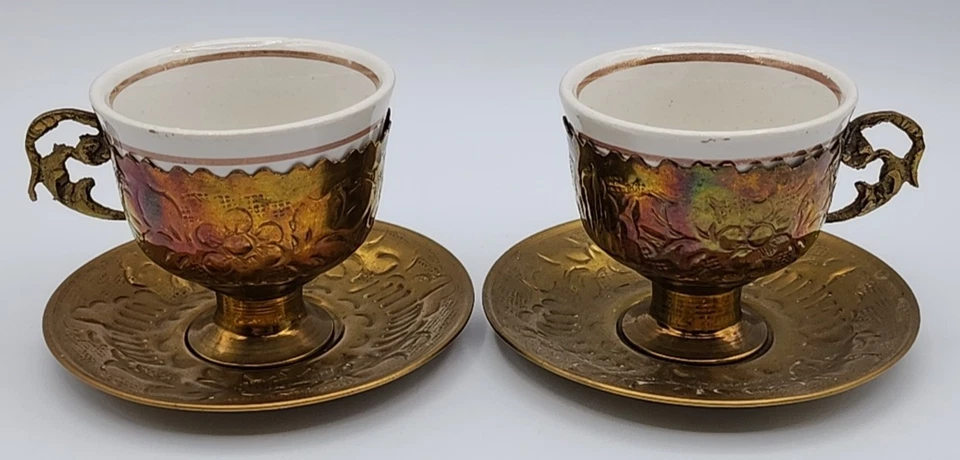 Tazas de café turcas de latón y porcelana con platillos 3 oz cada juego de 2 LEER AZUL Foto 1 de 4