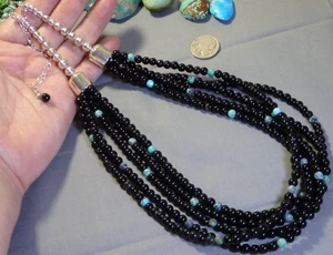 NAVAJO PEARLS Black Onyx NATURAL TURQUOISE Sterling Silver 22-26" 115g NECKLACE - Picture 1 of 7
