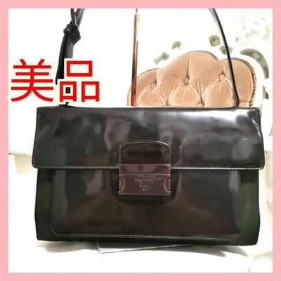 PRADA  Shoulder Handbag Brown Khaki Leather Flap Top Japan F/S USED - Image 1 of 4