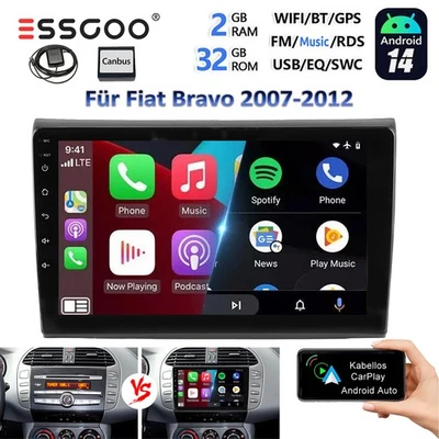 9" Touchscreen Carplay Für Fiat Bravo II 2007-2012 Android 14 Autoradio 32GB USB - Bild 1 von 4