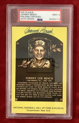 Johnny Bench Signed Gold Plaque HOF Postcard Yellow Reds Autograph PSA/DNA Mt 9 - Image 1 of 3