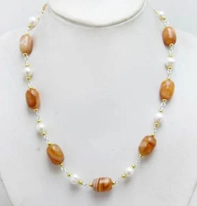 12*16mm Barrel Shape Red Striped Natural Agate & White Pearl 21'' Necklace-n6448 - Picture 1 of 15
