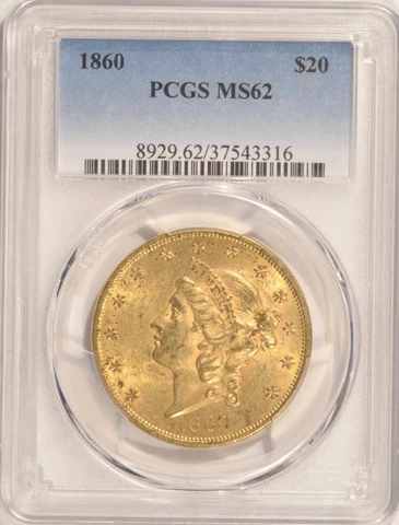 1860 $20 Liberty Gold Double Eagle Coin PCGS MS62 Pre-1933 Gold Cover