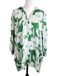 TAHARI 2X Green White 100% Linen 3/4 Sleeve Top Shirt w/ Side Buttons - Picture 1 of 10