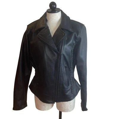 Unik Leather Moto Jacket Vintage Womens Size Medium Black Heavy Pockets Retro - Image 1 of 4