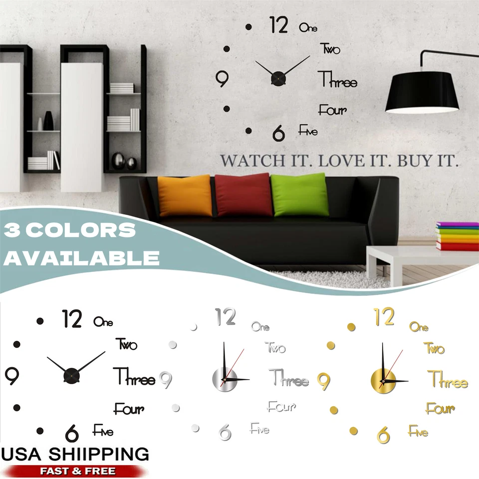 3D Wall Clock Mirror Surface Modern DIY Sticker Office Home Shop Art Decor - Image 1 of 4