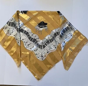 Vintage gelber Schal klassisch Klavier & Noten seidig Polyester 39”x39” - Bild 1 von 5