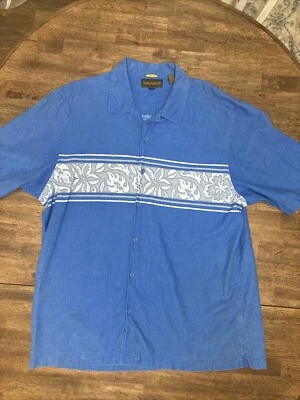 Camisa de Colección Timberland Para Hombres XL Azul Floral Isla Hawaiana Botón Mezcla de Lino Foto 1 de 4