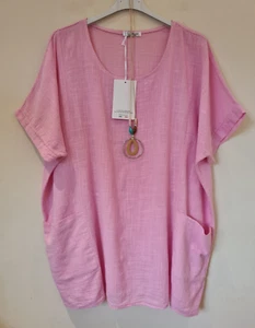 Italian Lagenlook Cotton Pocket Necklace Tunic Top One Size Plus UK 14-22 - Picture 1 of 7