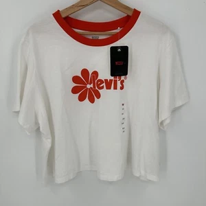 T-shirt donna Levis bianca arancione retrò cropped ringer nuova con etichette taglie forti 2X - Foto 1 di 4