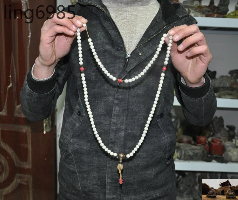 Antiguo Tíbet Budismo Bronce Blanco Jade Piedra Coral Rojo Oración Cuentas Amuleto Colgante Foto 1 de 4