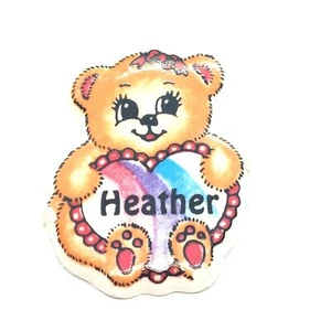 Heather Name Teddy Bear Heart Rainbow Pin Lapel Ceramic Collectible Vintage - Picture 1 of 3