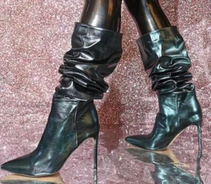 Womens Fashion Winter Pointy Toe Slouchy Ruched Mid Calf Boots Sexy High Heels - Picture 1 of 5