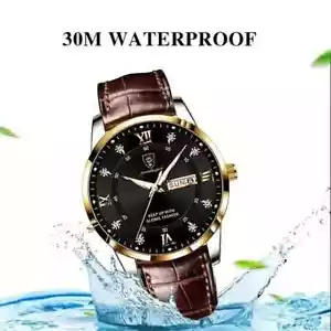 POEDAGAR Waterproof Luminous Calendar PU Leather Men's Watches, Trendy Quartz BK - Picture 1 of 4