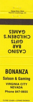 Bonanza Saloon & Gaming Matchbook Cover Virginia City Nevada 20 Strike #2 icmsc5 - Image 1 of 2