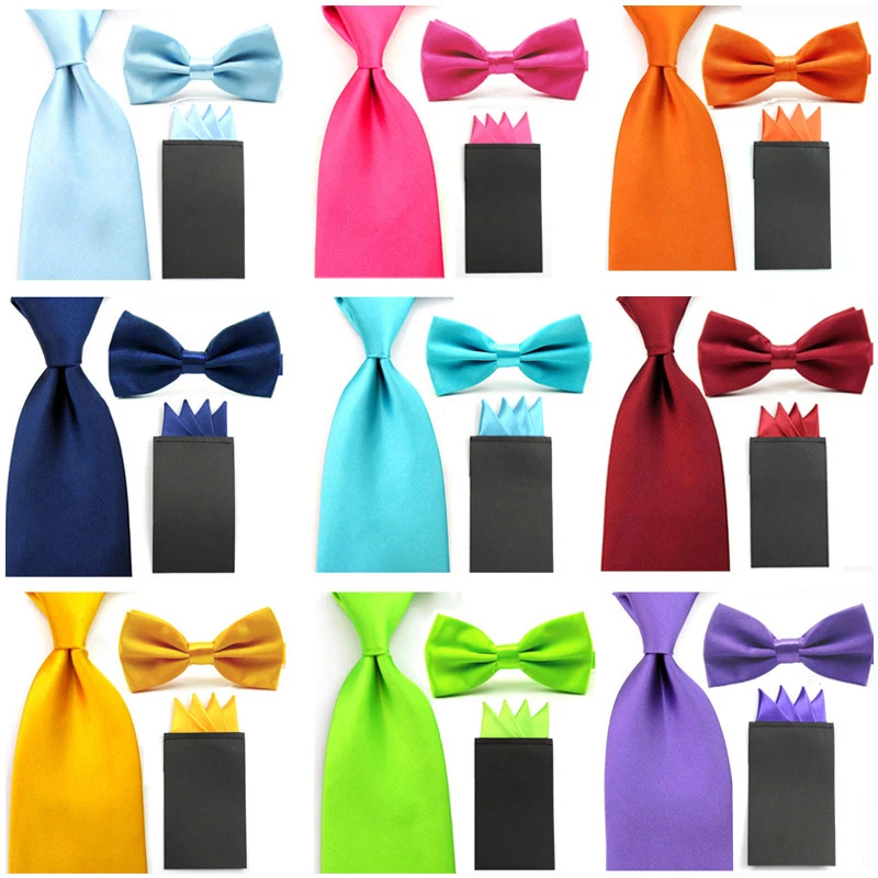 Men Solid Satin Bowtie 8cm Neck Tie Pre-folded 4 Point Hanky Pocket Square Set - Image 1 of 1