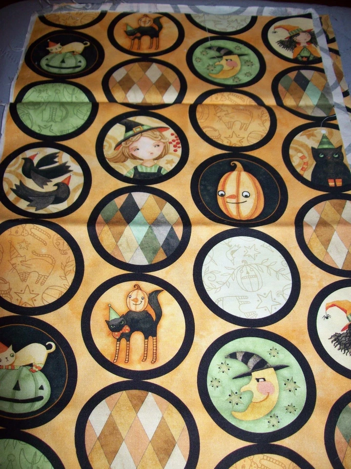Fabric Halloween Whimsy Riley Blake - Circles on Orange Witches Cats 3pc 9x67" - Image 1 of 1