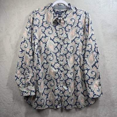 Chaps No Iron Long Sleeve Blouse Women’s 3X Blue Paisley Button Front Easy Care - Image 1 of 4