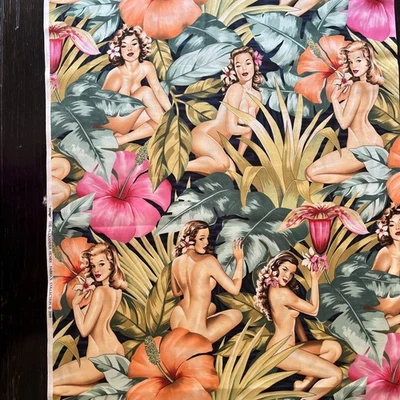 Alexander Henry Fabric Yd Mirage Sexy Pinup Island Girls Hibiscus Palm Leaves - Image 1 of 4