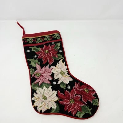Completed Needlepoint Stocking Black Red Poinsettia Flowers Gold Holly 17" VTG - Изображение 1 из 4