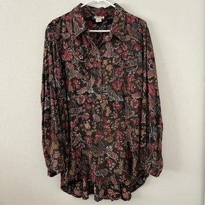 Lola P. Floral Bird Print Button Up Hi-Lo Tunic Top Sz L Boho Lace Up Back Flowy - Picture 1 of 10