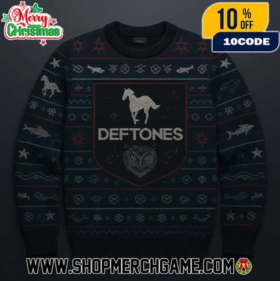 Праздничный уродливый свитер Deftones уродливый черный кремовый лошадь сова - Изображение 1 из 2