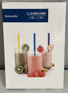 New Sunseeke 12 Reusable Silicone Straws With 2 Cleaning Brushes, 4 Travel Cases - Imagen 1 de 4