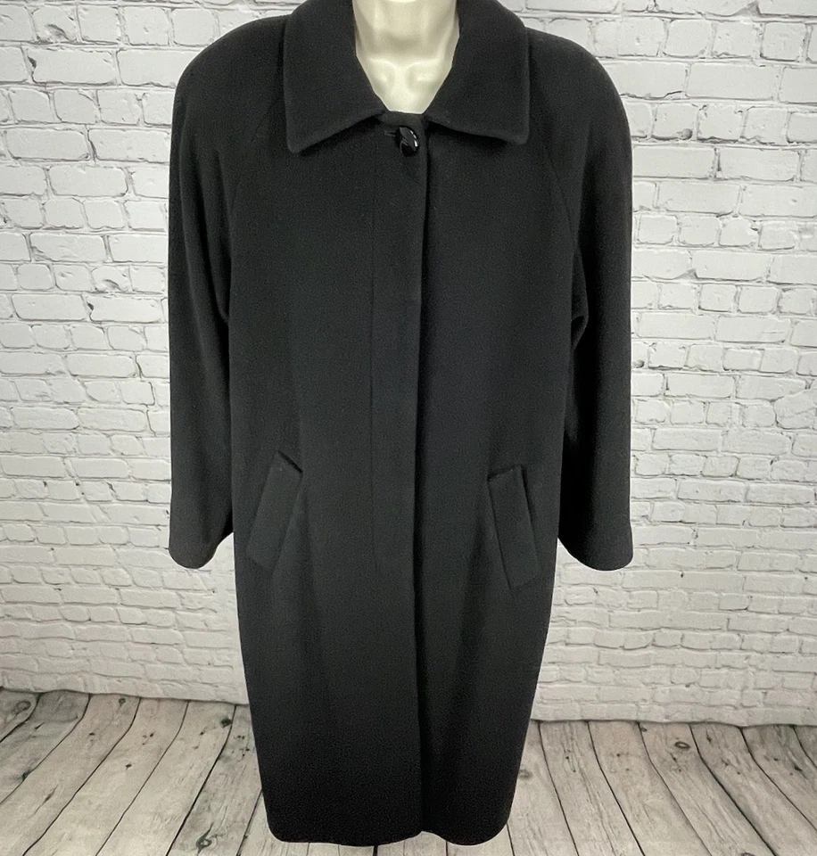 Abrigo Largo De Colección Larry Levine Negro Corderos Lana Cachemira Abotonado Polonia Talla 10 Foto 1 de 4