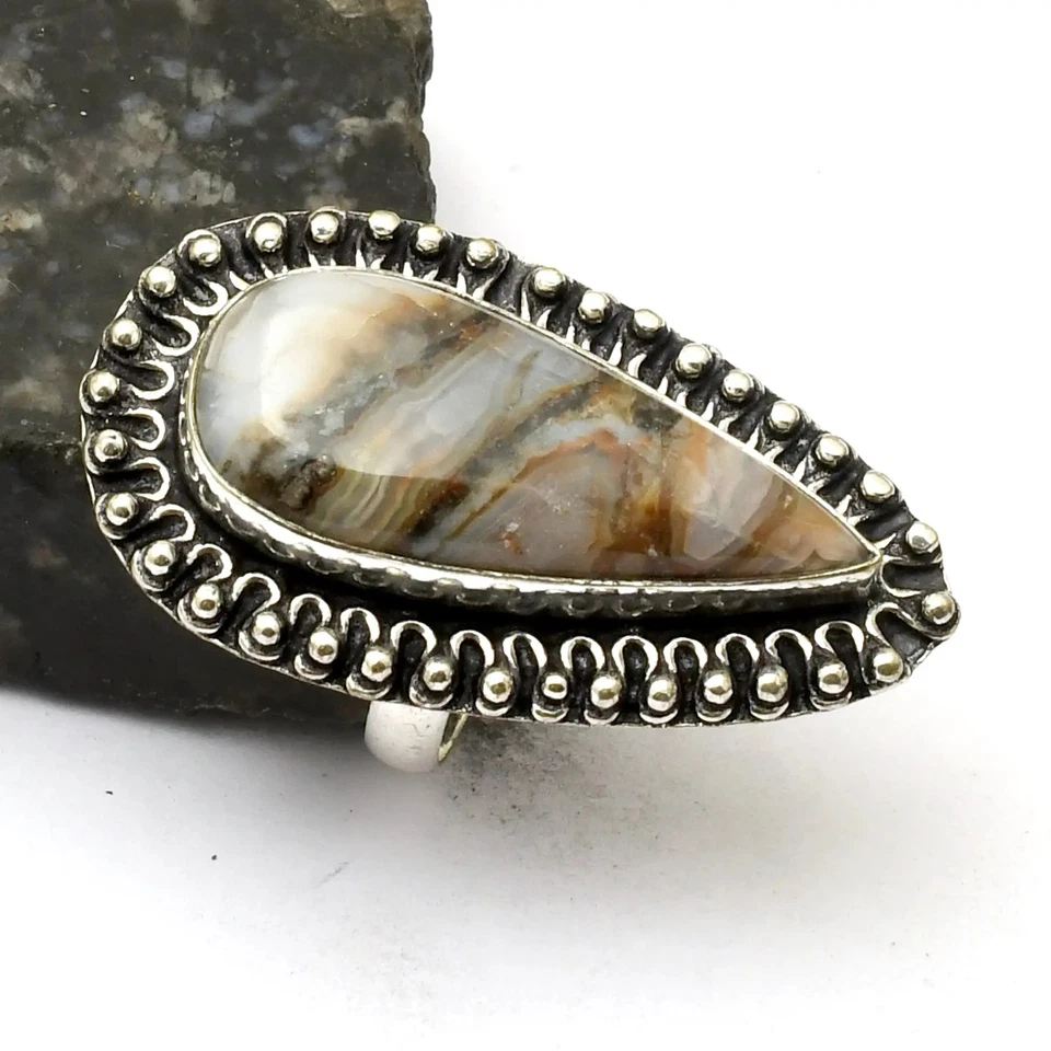 Anillo étnico hecho a mano con piedras preciosas de ágata de encaje loco joyería regalo EE. UU. talla 8 AR 29420 Foto 1 de 1
