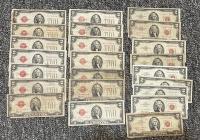 (23) Billetes rojos de $2,00 de Estados Unidos (1928, 1953, 1963) - baja calidad y/o dañados Foto 1 de 2