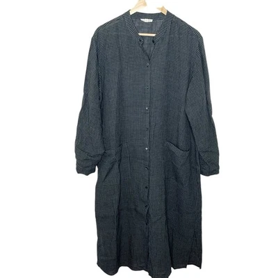 Eileen Fisher Linen Gingham Midi Dress Black Gray Womens XL Oversized Lagenlook - Image 1 of 4