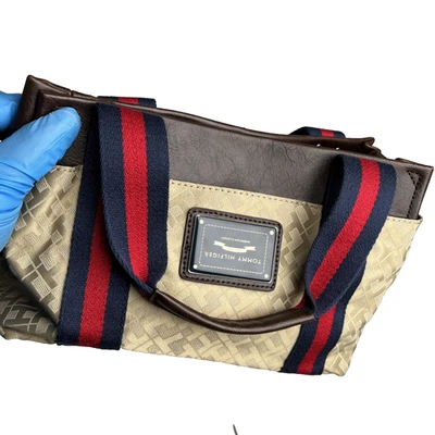 Tommy Hilfiger Blue/Red Straps Logo Canvas Tote Bag Purse Handbag Women Gold - Image 1 of 4