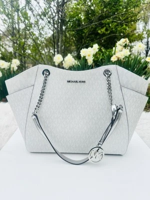 Bolso de hombro Michael Kors Jet Set con cadena blanco plateado Foto 1 de 4