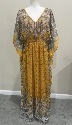 Maxi Vestido Mujer Colección MPH Kimono Caftán Cachemira Amarillo Beige Talla 2XL Forrado Foto 1 de 4