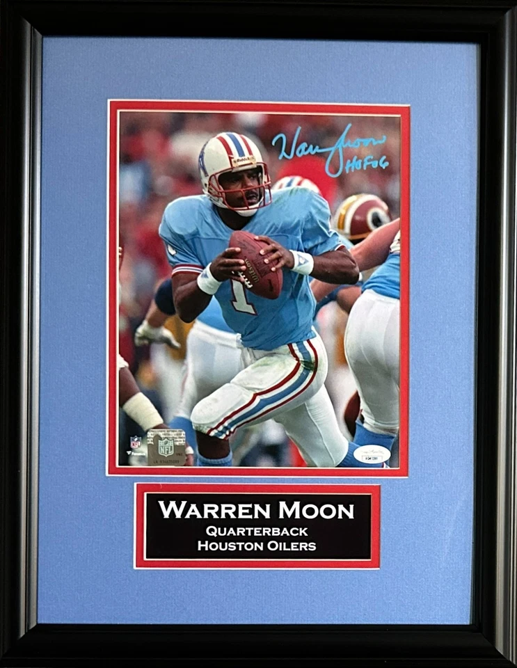 Warren Moon signed inscribed framed 8x10 photo NFL Houston Oilers JSA COA - Image 1 of 2